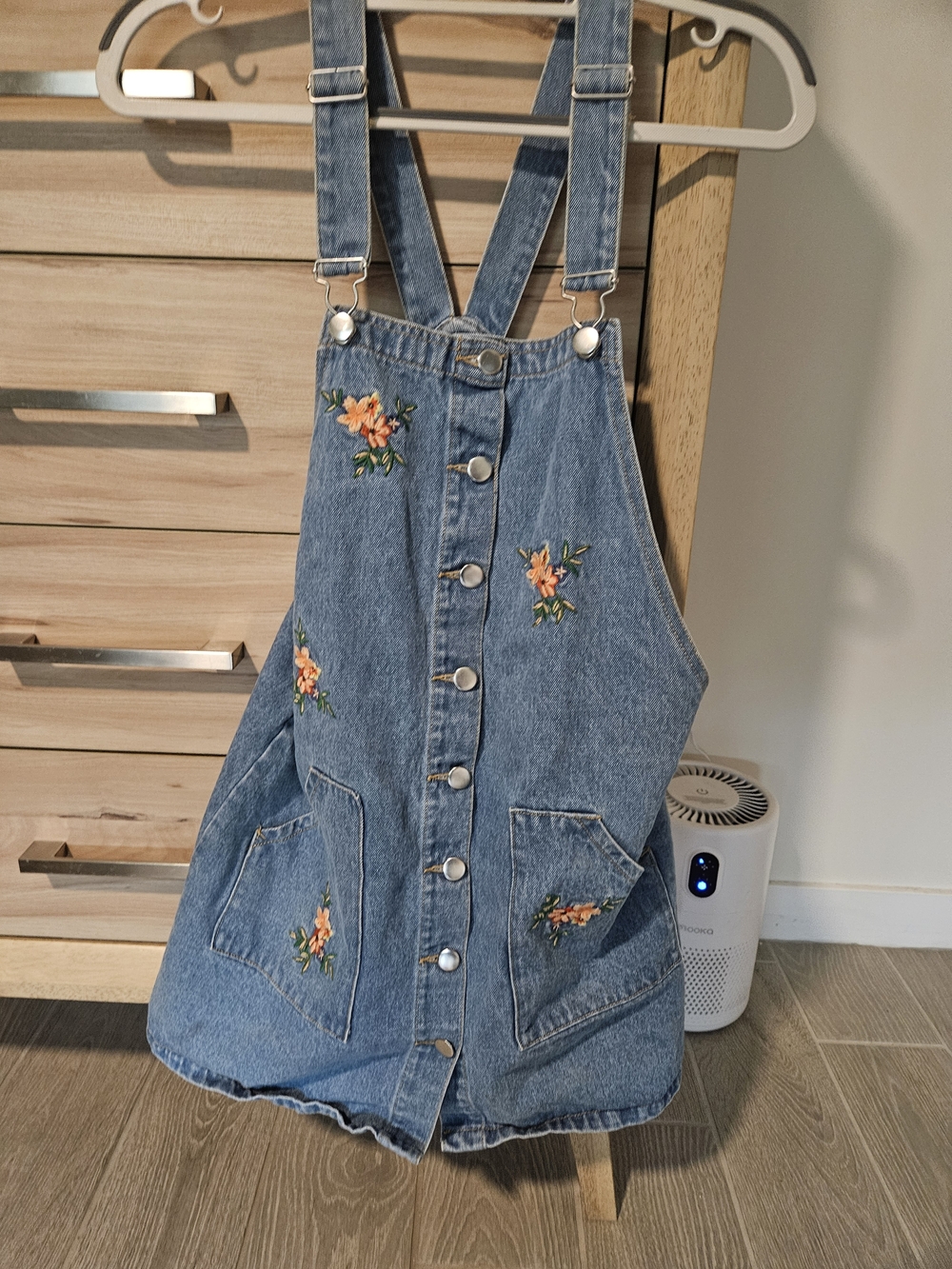 Rue21 Light Blue Denim Overall Dress with Floral Accents